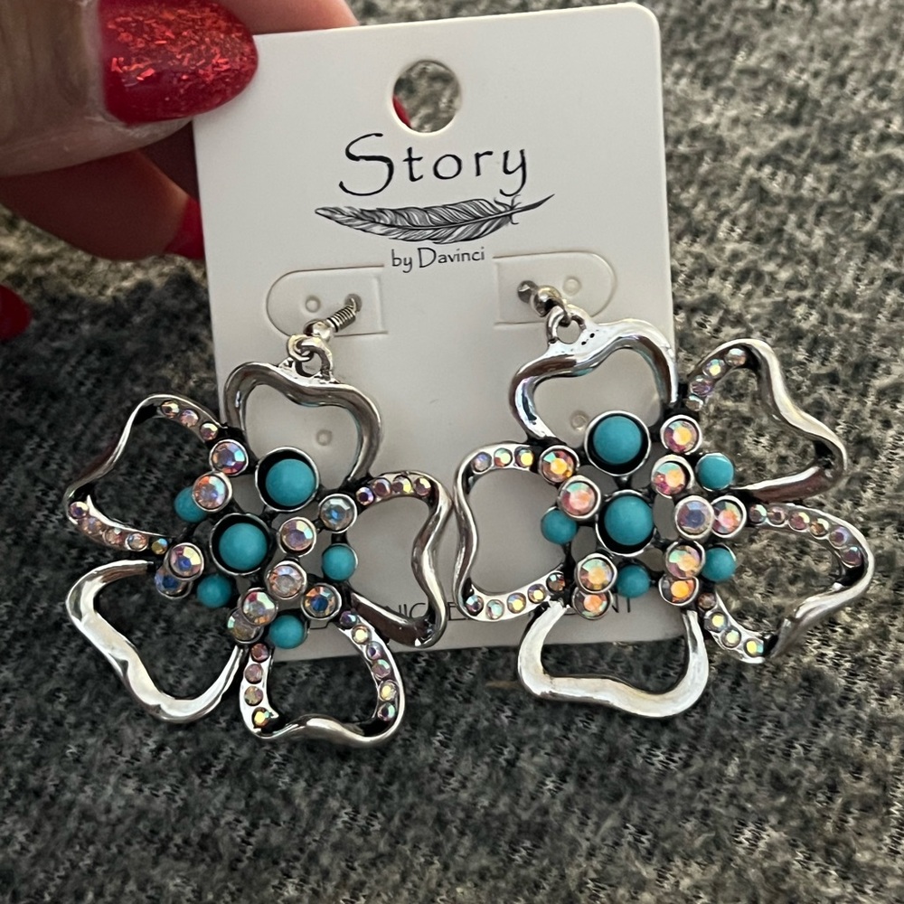 Turquoise & Aurora Crystal‎ Festival Flower Drop Earrings